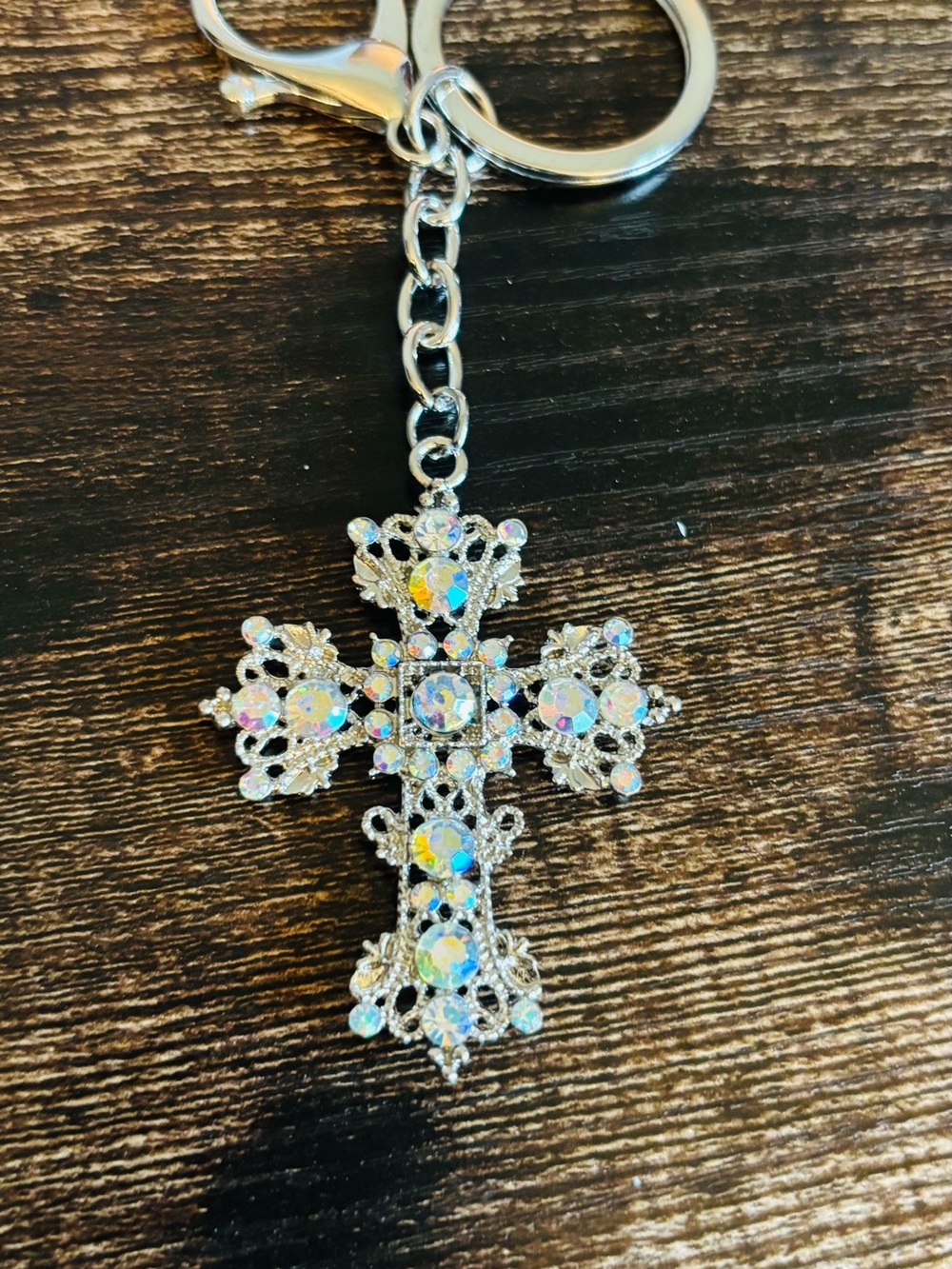 Silver-tone Cross Keychain‎ with Iridescent Rhinestones